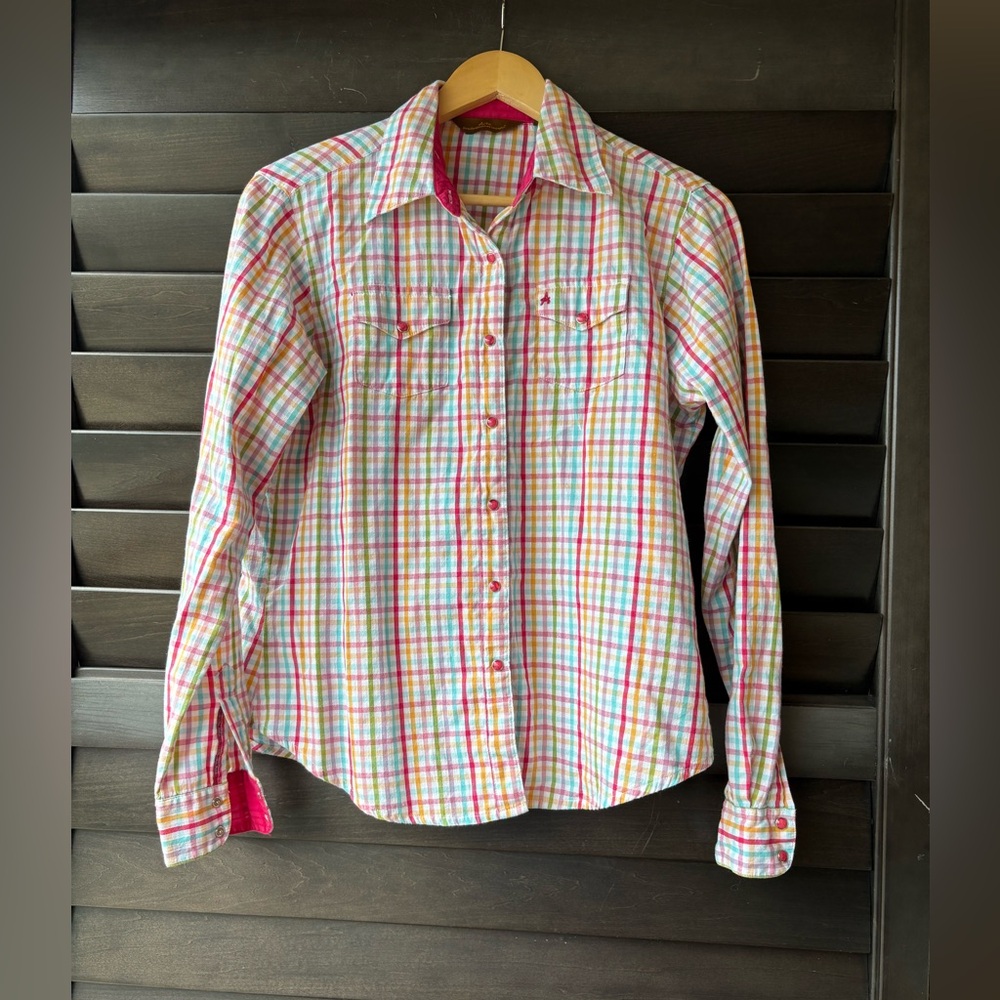 Aura Wrangler Med Colorful Button Down Plaid Cotton Long Sleeve Shirt Pink Snaps